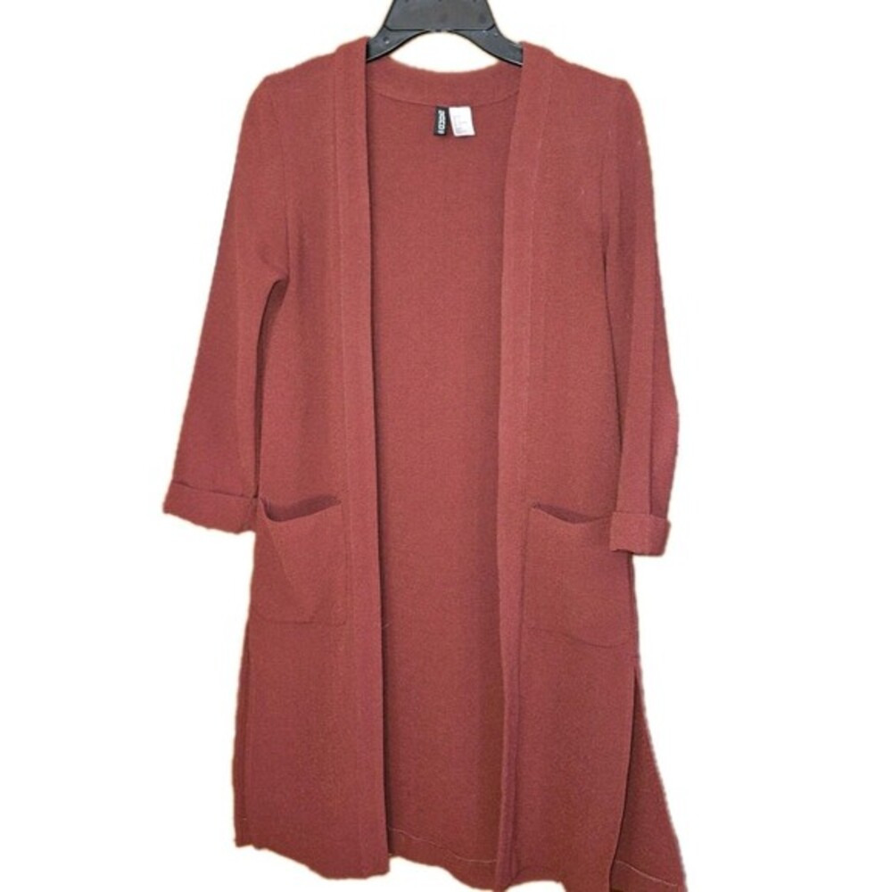 H&M Divided Burgundy Long Knit Cardigan Sz 2 XS Open Front Side‎ Split Duster